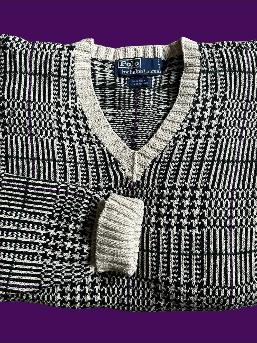 Vintage 90s Polo Ralph Lauren Silk V Neck Black Glen Plaid Sweater Men’s Size L - Picture 6 of 8